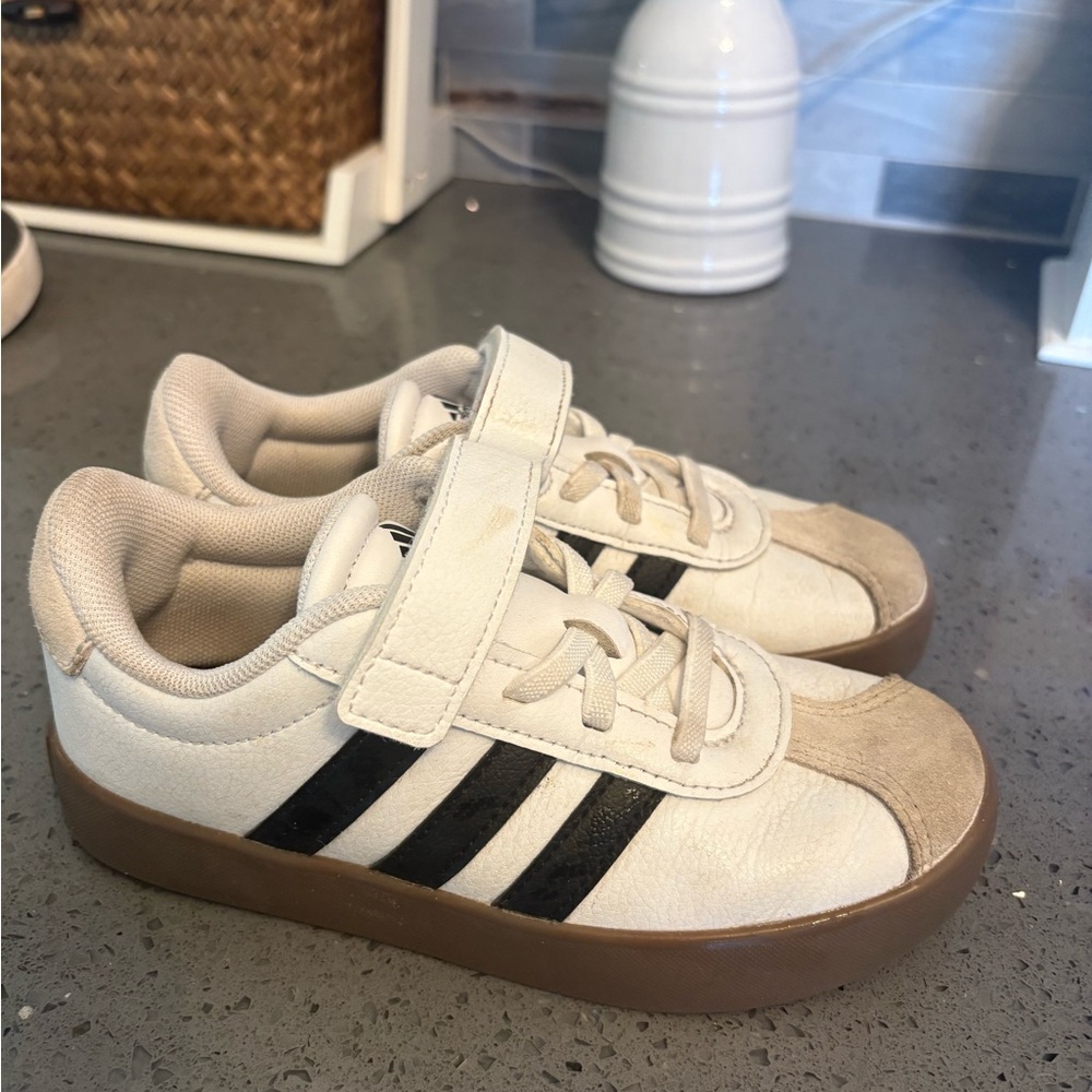 Adidas Kids White and Black Sneakers with Tan Sole